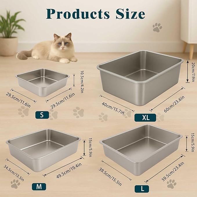 FELIO Stainless Steel Cat Litter Box - Large Metal High Side Litter Box, 23.4" L×15.5" W×5.9" H, Splash-Proof and Non-Stick Cat Poop Box odorless, Easy to Clean for Big Cats, Rabbit, Dog, Ferret