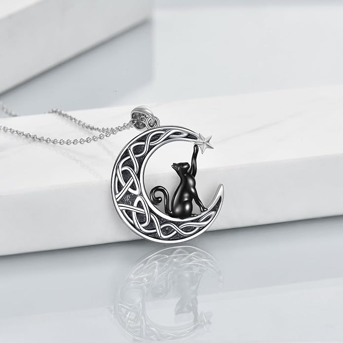 Celtic Moon Black Cat Necklace for Women - Abalone Tree of Life Sterling Silver Cat Lovers Jewelry
