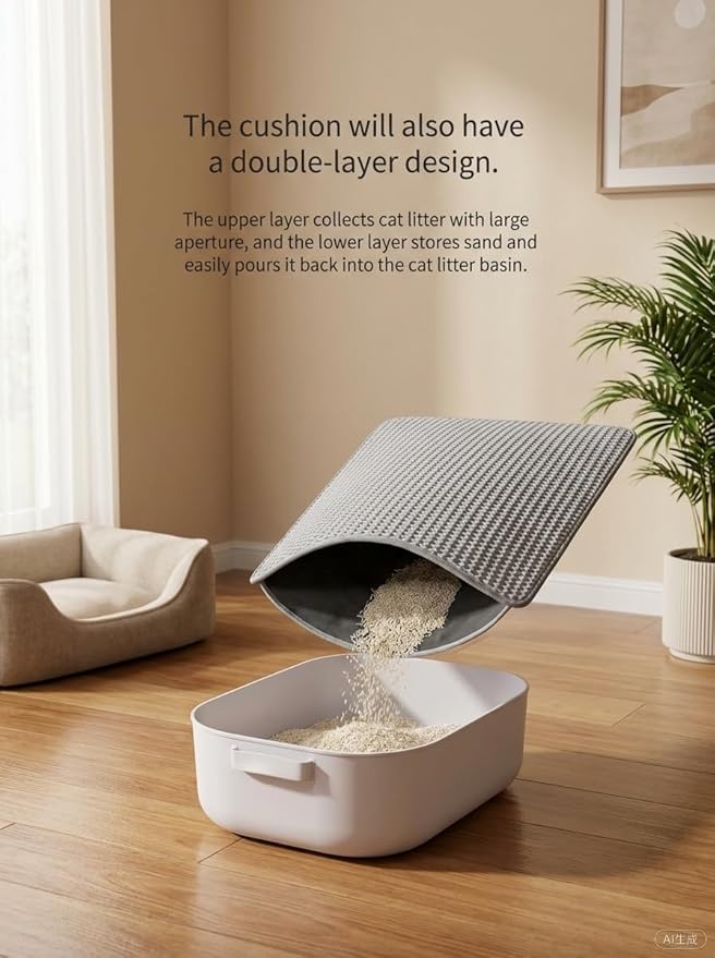 Double-layer EVA anti-slip cat litter pad, pet cat litter box filter pad, wear-resistant and scratch-resistant (Black)