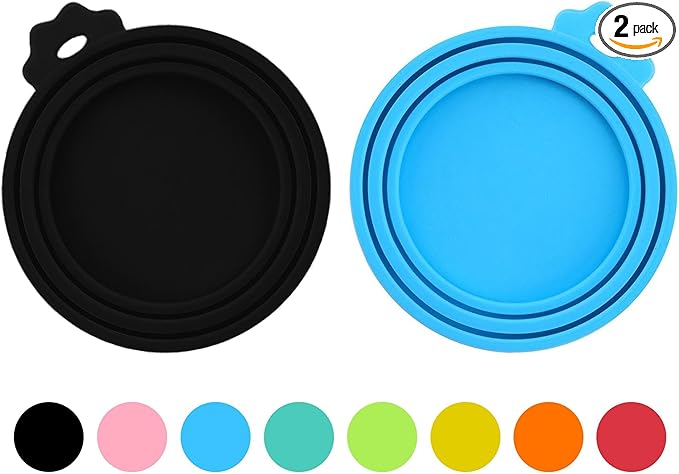 2 Pack Pet Food Can Covers, Silicone Universal Can Lids for Dog & Cat Food, BPA Free, One Fit Most Standard Size Food Cans Black/Blue