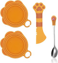 SIANE Cat Food Can Spoons & Can Lids | 4 Pcs | Colorful Multi-Function Opener | Universal Soft Silicone Pet Food Covers | Wet Food Spatula for Kittens and Dogs(Orange)