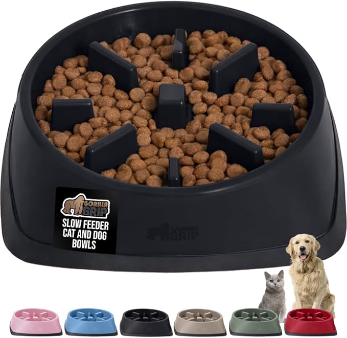 GORILLA GRIP Patented BPA Free Slow Feeder Dog Bowls, Interactive Puzzle Toy for Dogs and Cats Food Training Enrichment, Keeps Pets Busy and Prevents Puppy Overeating, All Breeds, 2 Cup, Black