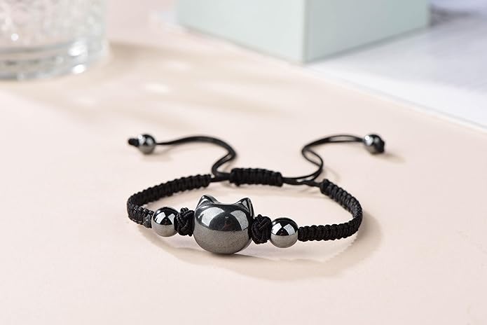 Black Obsidian Cat Bracelet and Moon Pendant Necklace Jewelry Set-Cat Lover Gifts,Wealth Attraction,Good Luck,Bead Bracelet,Mindfulness,Beaded Bracelets, Obsidian Pendant Necklace-Cute Gifts for Women