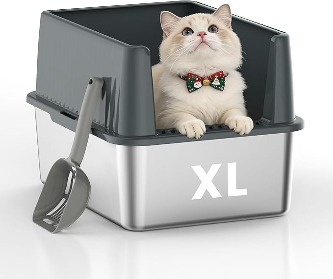 Small Stainless Steel Cat Litter Box - 11.8" High Sided, Open-Top Design,Low Entry for Kittens & Small Cats, Anti-Leak & Easy to Clean, Compact Space-Saving Size(17.3"L x 13.4"W × 11.8"H),Gray