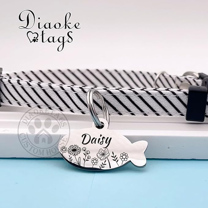 Stainless Steel Cat ID Tag Personalized Pet Tags with up to 4 Lines of Custom Text, Small Pet Mini Dog Cat Tag Lightweight, Engraved on Both Sides, Multiple Patterns Colors Size Options (Fish Pattern)