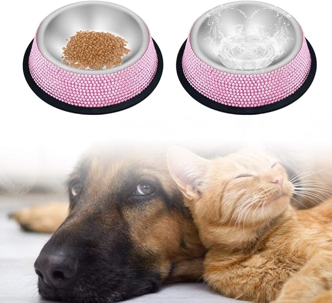 Triumilynn Rhinestone Cat Bowls Rhinestone Dog Bowls, Pink Cat Food Bowl Pink Bling Dog Bowl Stainless Steel for Small Pets Food Water Dishes-2 Pack