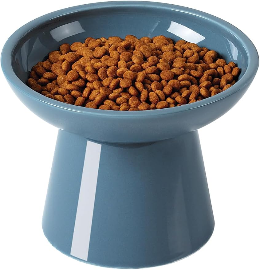 LoeJan Elevated Cat Food and Water Bowls Set, Extra Wide and Raised Ceramic Feeder, Anti-Vomit Whisker-Free Pressure Feeding Bowl for Kittens Adult Small Dogs (Deep Blue, Food Bowl)