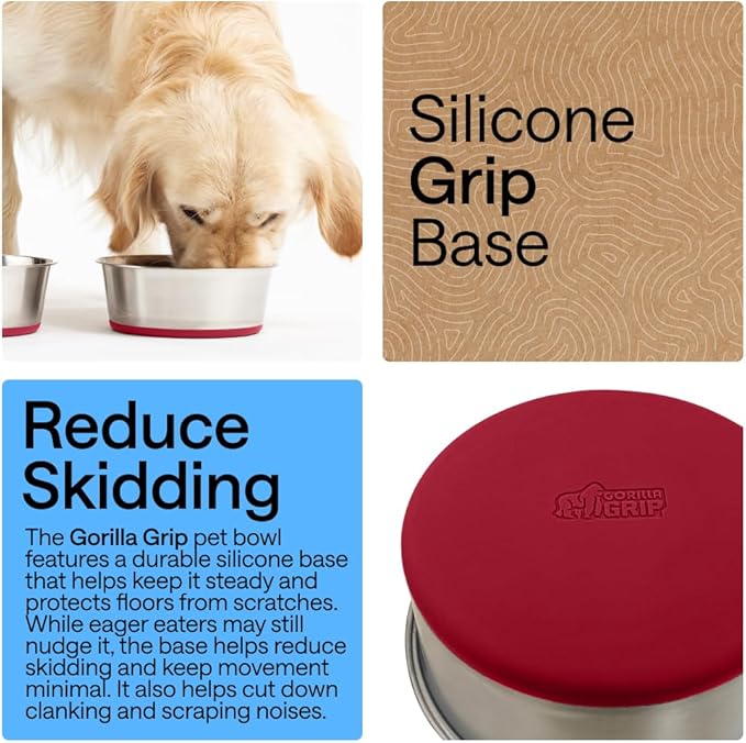 GORILLA GRIP Dog Bowls, Food Grade 304 Stainless Steel, Holds 8 Cups Each (64 fl oz) Food and Water Bowl for Feeding Dogs and Cats, Dishwasher Safe, Rust Resistant, BPA Free Rubber Base Set of 2 Red