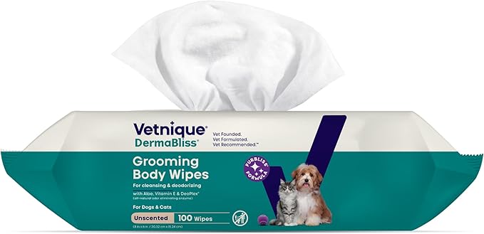 Vetnique DermaBliss Pet Wipes for Dogs & Cats for Grooming, Cleansing & Deodorizing, Thick Dog Wipes for Convenient Dog Cleaning and Natural Pet Odor Eliminator, 100ct (Unscented)