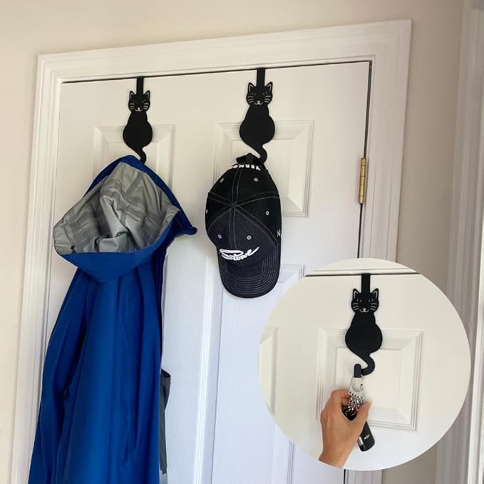 Evelots Over The Door Cat Hooks - 2 Pack - Strong Metal Kitty Decoration - Perfect for Coats, Handbags, Hats, Towels, Wreath Hanger Etc. - Hold up to 20 Pounds - Easy to Install - Rust Free