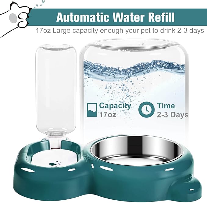 Dog Bowls, Cat Food and Water Bowl Set with Water Dispenser and Stainless Steel Bowl for Cats and Small Dogs - Dark Green