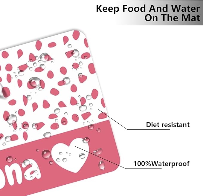 Personalized Cat Dog Bowl Mat - Non-Slip, Waterproof, Custom Pet Mat for Food and Water (Pink Love)