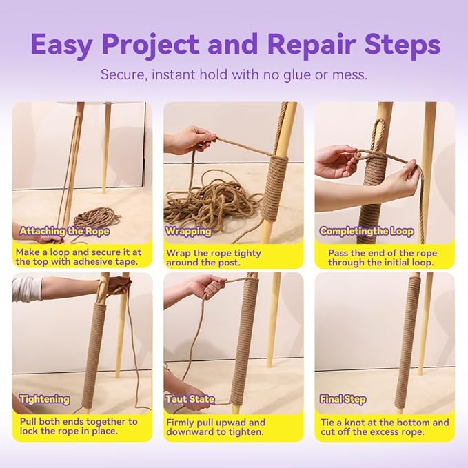 Natural Sisal Rope for Cat Scratcher Replacement, Durable Cat Tree Post Repair Cord for DIY Projects, Climbing Towers, Furniture Protection, Scratch Pad, Crafts, Garden, and Home Décor Use