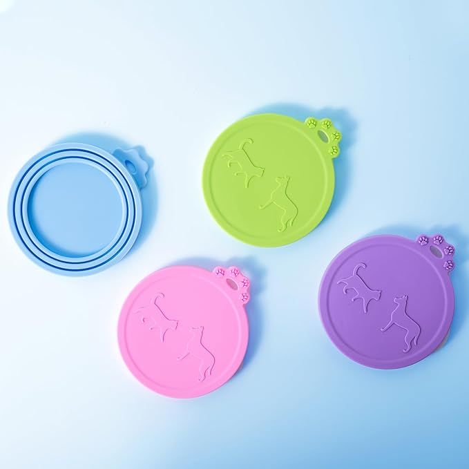 SLSON 4 Pack Pet Food Can Covers Universal Cat Dog Food Can Lids 1 Fits 3 Standard Size Cat Can Cover Lid Tops for Pet Food Storage (Blue+Green+Pink+Purple)