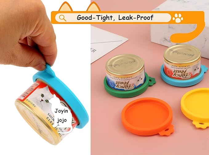 Joyinjojo Cat Food Can Lids with Cat Food Spoon, 4 Pack Small Silicone Pet Food Can Covers Lids for Cat Food Cans 3 oz, Multi-Functional Cat Spoon Can Opener Spatula for Canned Wet Food