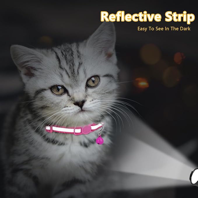 Taglory Kitten Collar Breakaway with Bell, Reflective Soft Cat Collar for Small Kittens, Adjustable 6-8 Inch High Visibility Night Strip, Lightweight for 2-6 Months Baby Cats, 2 Pack, HotPink