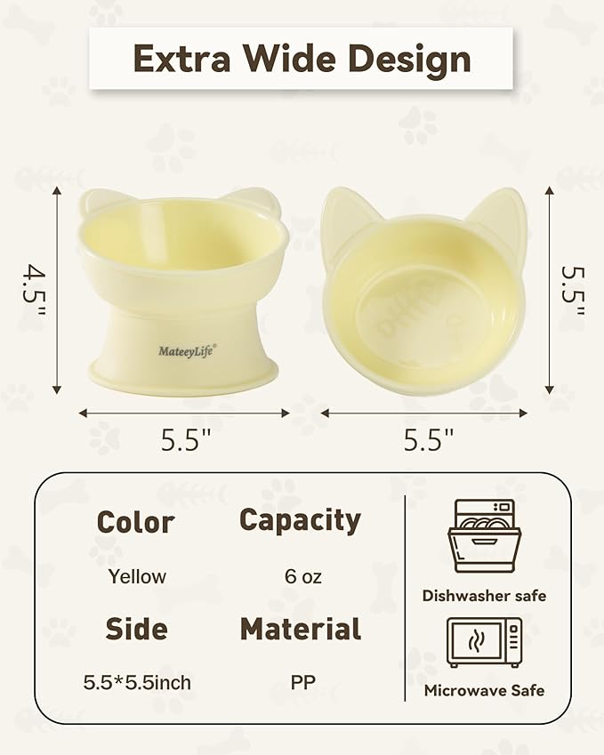 MateeyLife Raised Cat Bowls, Cat Food Bowl Elevated for Kittens & Small Dogs, 15°Tilted Protect Pets' Neck and Anti Vomiting, Whisker Friendly Food & Water Feeding Bowl, 6 oz Each - Yellow