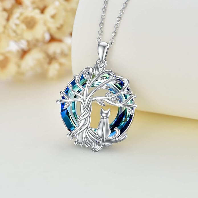 TOUPOP Cat Gifts for Cat Lovers Sterling Silver Cute Cats Tree of Life Pendant Necklace with Blue Circle Crystal Birthday Christmas Jewelry Gifts for Women