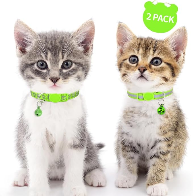 Taglory Kitten Collar Breakaway with Bell, Reflective Soft Cat Collar for Small Kittens, Adjustable 6-8 Inch High Visibility Night Strip, Lightweight for 2-6 Months Baby Cats, 2 Pack, Green
