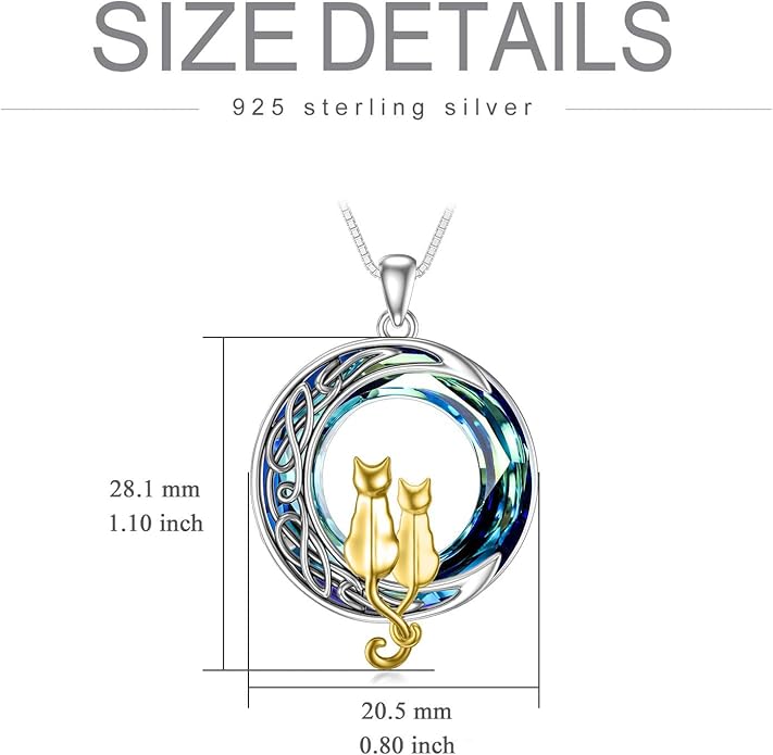 TOUPOP Cat Gifts for Cat Lovers One Two Three Four Cats Necklace Sterling Silver Cats on the Moon Pendant Necklace with Blue Circle Crystal Birthday Christmas Celtic Jewelry Gifts for Women