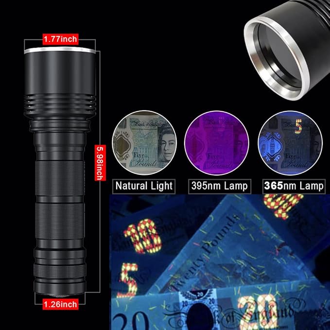 Black Light Flashlight, 365NM Rechargeable Filtered UV Flashlights with High Power Battery for pet Urine Detection, Resin Curing, Scorpions, Rocks Hunting, Car Leaks