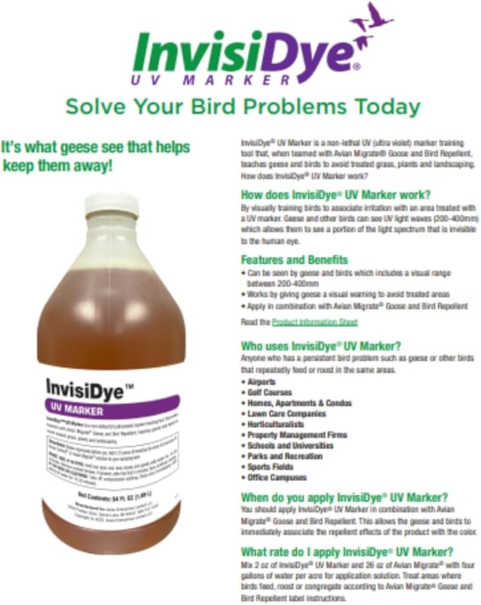 Goose Repellent UV Marker, Goose and Bird Detterent for Avian Migrate, Improves The Longevity of The Avian Migrate, Trains Geese and Birds to Avoid Areas, Invisidye (Two 8 oz Bottles)