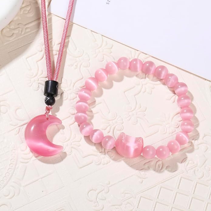 Black Obsidian Cat Bracelet and Moon Pendant Necklace Jewelry Set-Cat Lover Gifts,Wealth Attraction,Good Luck,Bead Bracelet,Mindfulness,Beaded Bracelets, Obsidian Pendant Necklace-Cute Gifts for Women