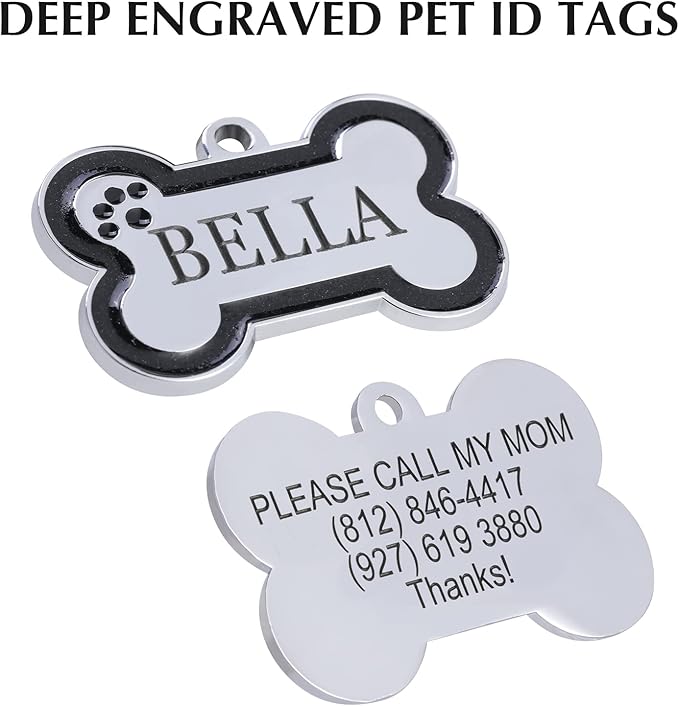 Personalized Stainless Steel Pet ID Tags with Glittery Bone Design - DEEP Engraved Dog Tags Engraved for Pets Customized with 5 Lines Dogs and Cats Pets