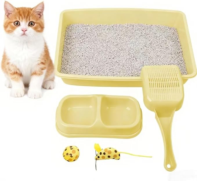 PAWISE Cat Litter Box Set, Small Kitten Starter Kit, Includes Litter Box, Litter Scoop, Double Dish Feeding Bowl, Cat Mouse Toy, Kitty Ball Toy, Yellow