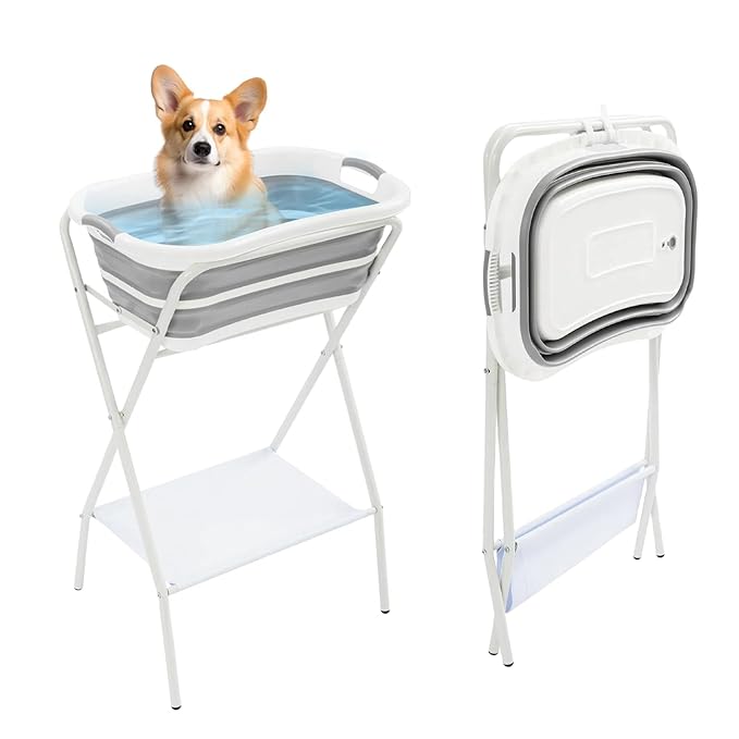 2 in 1 Dog Bathtub Small Pet Bathtub with Stand, Foldable Pet Bath with Drainage Tube, Portable Dog Washing Station for Small Dogs Cats, Indoor & Outdoor, 110.23lbs Load, 26'' L×16.5‘’ W×38.8'' H