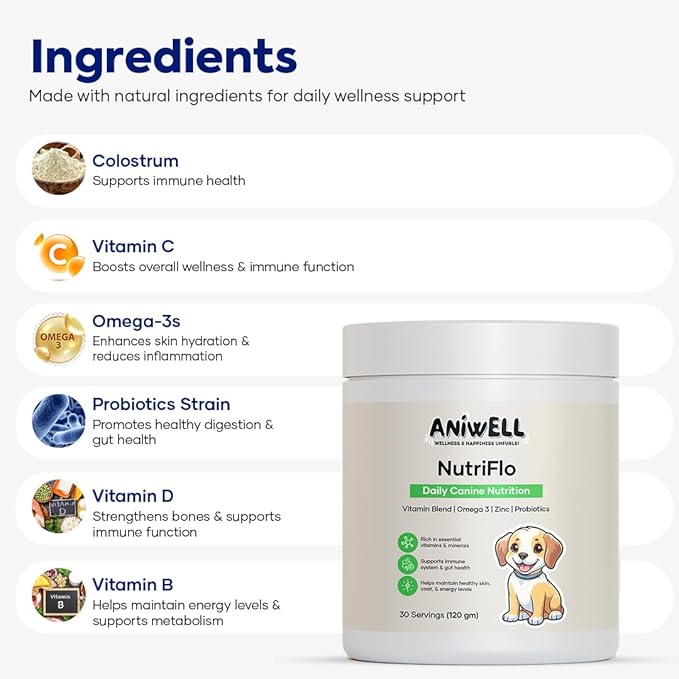 NutriFlo: Dog Vitamins & Supplements - 10-in-1 Multivitamin Powder, Premium Supplement for Dental Health, Longevity, Hip & Joint, Gut Health, Allergies, Immune Support, Skin & Coat.