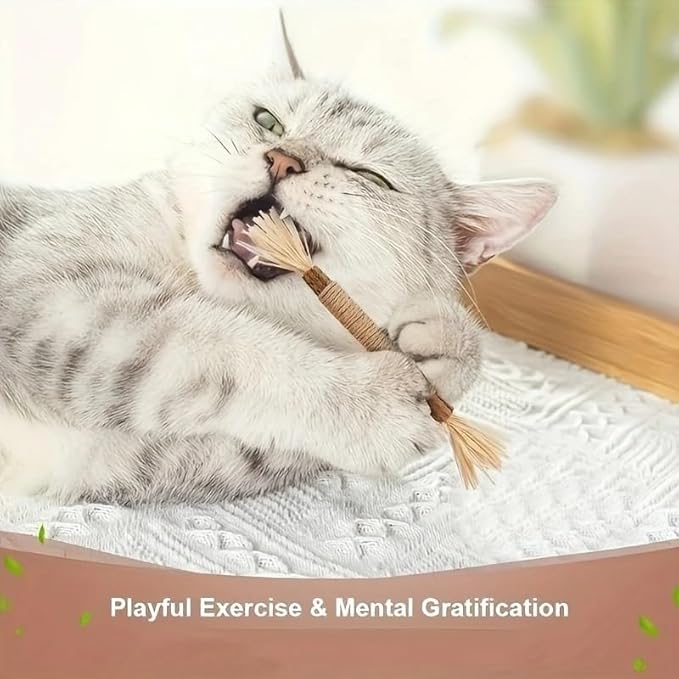 Interactive Cat Catnip Chew Toys, Natural Silvervine Teething Sticks, Jute Rope Wrapped Dental Care with Raffia Tassels (3Pcs Tiny)