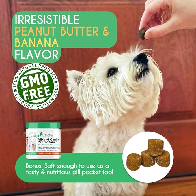 Balanced Breed All-in-1 Dog Vitamins Supplements Made in USA Vet-Pharmacist Approved Dog Multivitamin Probiotics Glucosamine Chondroitin Dogs Salmon Oil Skin Coat Immune Senior Dogs Supplement NonGMO
