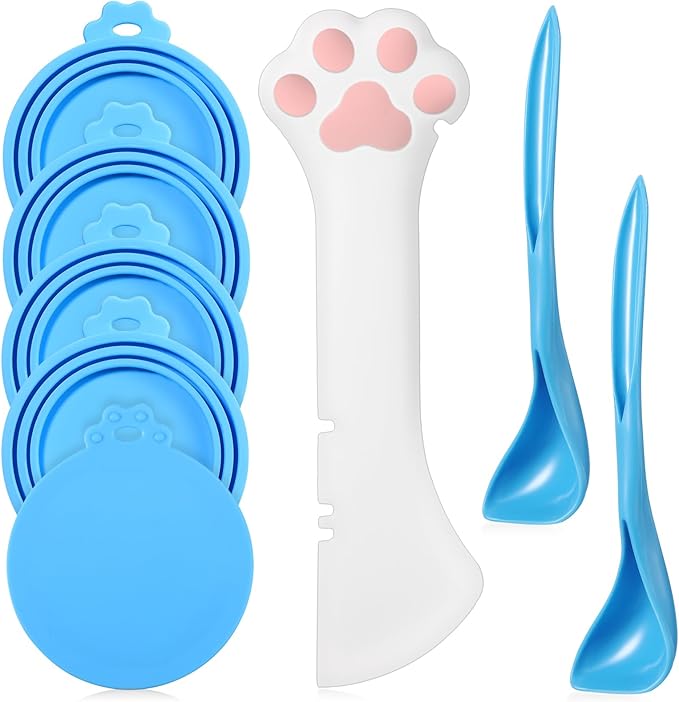 Uiifan Cat Food Lid Cat Food Can Covers Lids 8 Pcs Pet Can Supplies Set 5 Silicone Wet Kitten Foodstuff Tin Covers Lids 2 Silicone Dog Spoons 1 Paw Shape Multifunctional Opener for Pets(Blue)