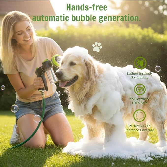 Dog Washing Hose Attachment, 10 Spray Modes and Adjustable Water Pressure Garden Hose Nozzle with Soap Dispenser for Dog Cat Bathing, Also Adopted in Watering Flowers, Pet Wash