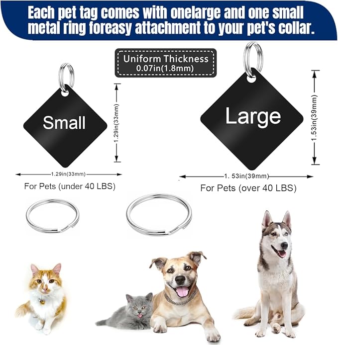 Personalized Dog Tags and Cat Tags, Stainless Steel Pet ID Tags, Collar Charm Engraved on Both Sides, up to 4 Lines of Custom Text, Various Patterns and Colors Options (Square)