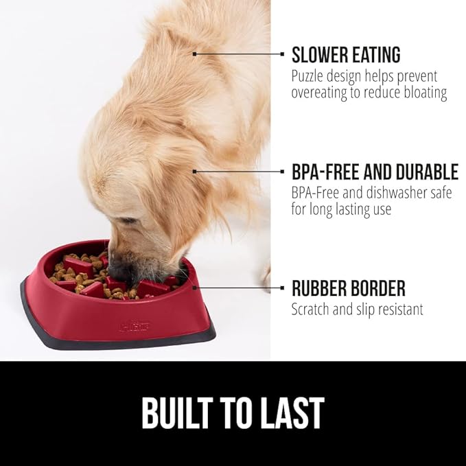 GORILLA GRIP Patented BPA Free Slow Feeder Dog Bowls, Interactive Puzzle Toy for Dogs and Cats Food Training Enrichment, Keeps Pets Busy and Prevents Puppy Overeating, Small Breeds, 1 Cup, Red