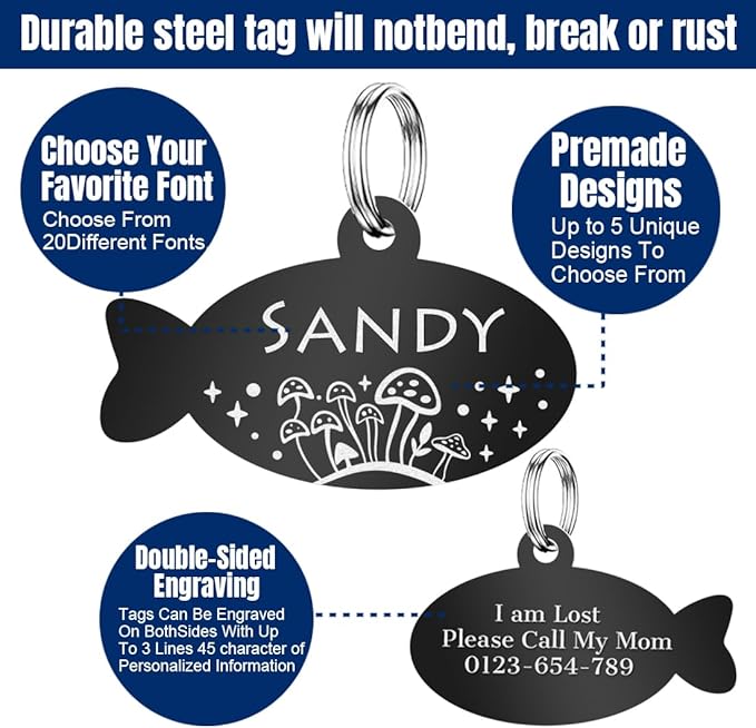 Personalized Dog Tags and Cat Tags, Stainless Steel Pet ID Tags, Collar Charm Engraved on Both Sides, up to 4 Lines of Custom Text, Various Patterns and Colors Options (Fish)