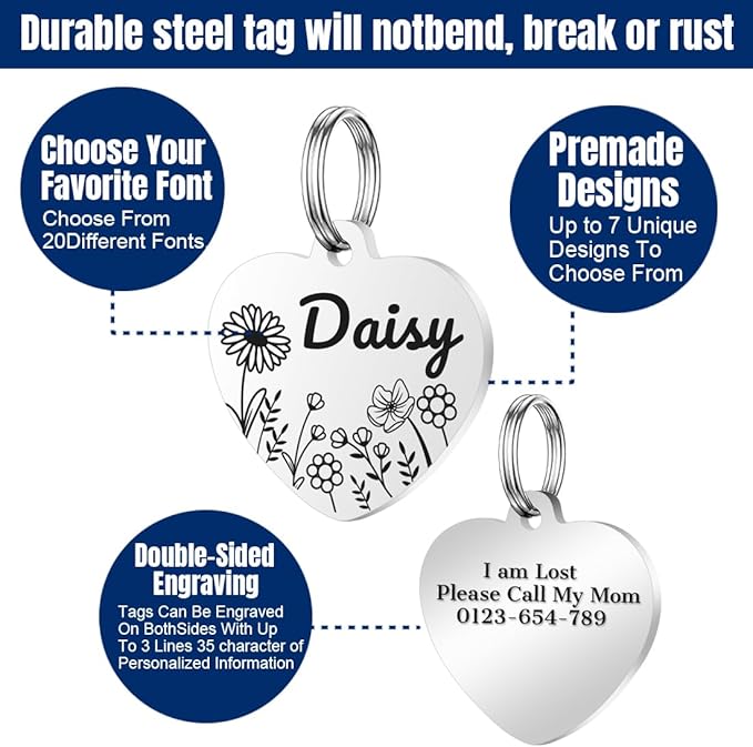 Personalized Dog Tags, Stainless Steel Pet Tags Personalized Cat, Collar Charm Engraved on Both Sides, up to 4 Lines of Custom Text, Multiple Patterns Colors Size Options (Daisy, Large)