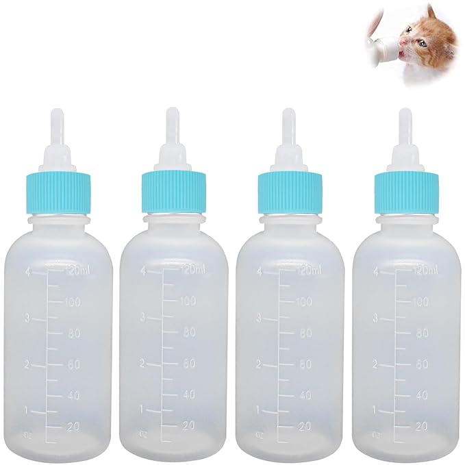 GKYZBB 4Pack 120ML pet Puppy Bottles for Nursing,Kitten Bottle Feeding Kit Nipple for Newborn Kitten Puppy Rabbits Squirrel Animals （Blue Cover）