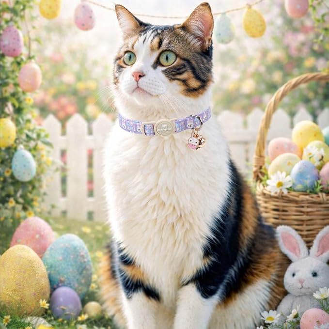 2 Pack Easter Cat Collar, Purple Rabbit& Pink Rabbit Pattern Kitten Breakaway Collar, Adjustable Cute Easter Collar with Bell&Pendent for Female Male Cat