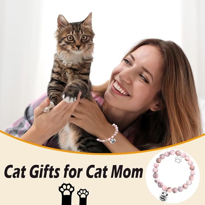 Cat Mom Gifts: Beaded Bracelet Paw Print for Women, Cat Lovers - Birthday, Christmas, Valentine's, New Year