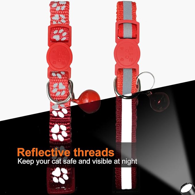 TagME 2 Pack Cat Collar with Name Tag, Personalized Reflective Cat Collar Breakaway with Bell for Boy & Girl Cats, Red