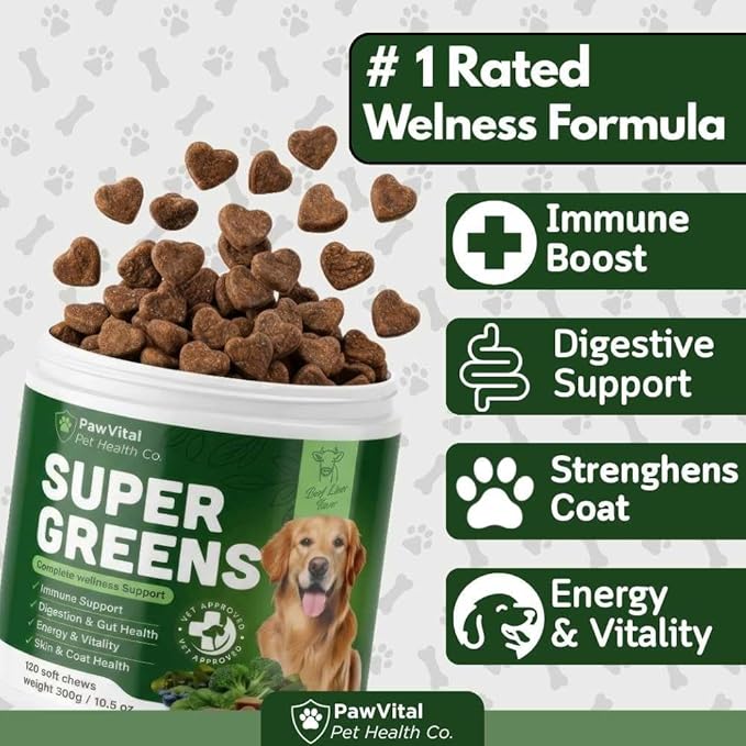 Super Greens Multivitamin Chews for Dogs – Dog Greens & Daily Dog Multivitamin with Spirulina, Chlorella, Probiotics & Enzymes for Immune, Gut, Skin & Energy Support – Beef Liver – 150 Chews