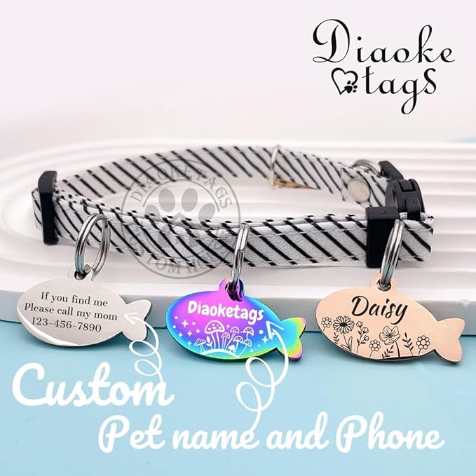 Stainless Steel Cat ID Tag Personalized Pet Tags with up to 4 Lines of Custom Text, Small Pet Mini Dog Cat Tag Lightweight, Engraved on Both Sides, Multiple Patterns Colors Size Options (Fish Pattern)