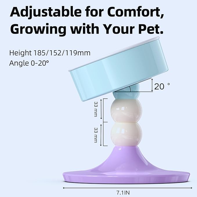 Elevated Raised Cat Pet Bowls - 15°Tilted 3 Heights Adjustable Indoor Cats Food Dish Stand, Cute Pet Water Feeder Ceramic Bowl, Neck Whisker Friendly & Anti-Vomiting Non Slip Kitten Puppy Supplies