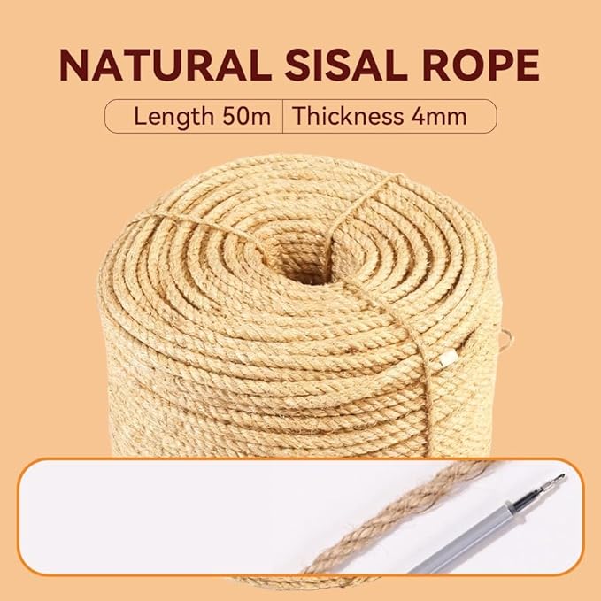 Natural Sisal Rope for Cat Scratcher Replacement, Durable Cat Tree Post Repair Cord for DIY Projects, Climbing Towers, Furniture Protection, Scratch Pad, Crafts, Garden, and Home Décor Use