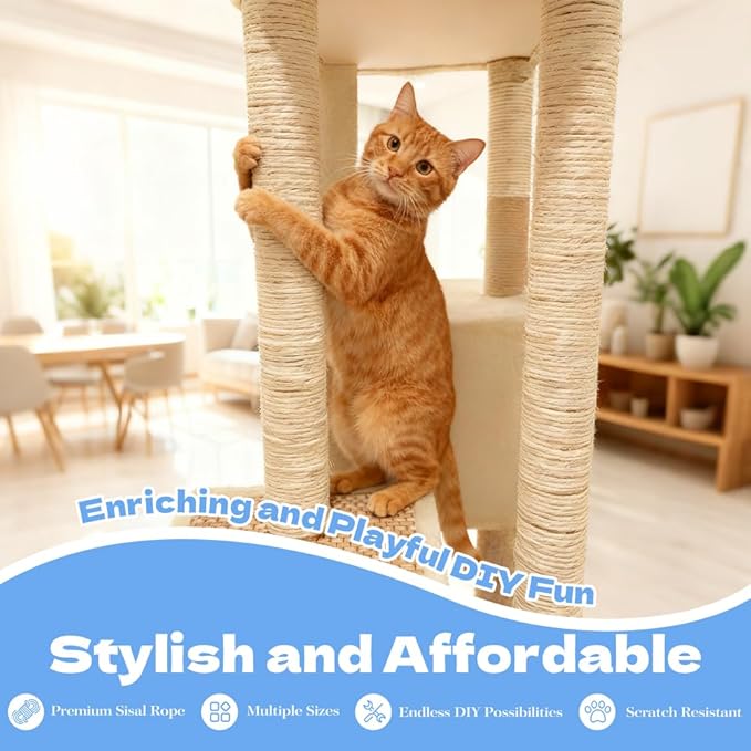 Natural Sisal Rope for Cat Scratcher Replacement, Durable Cat Tree Post Repair Cord for DIY Projects, Climbing Towers, Furniture Protection, Scratch Pad, Crafts, Garden, and Home Décor Use