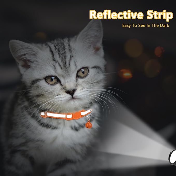 Taglory Kitten Collar Breakaway with Bell, Reflective Soft Cat Collar for Small Kittens, Adjustable 6-8 Inch High Visibility Night Strip, Lightweight for 2-6 Months Baby Cats, 2 Pack, Orange