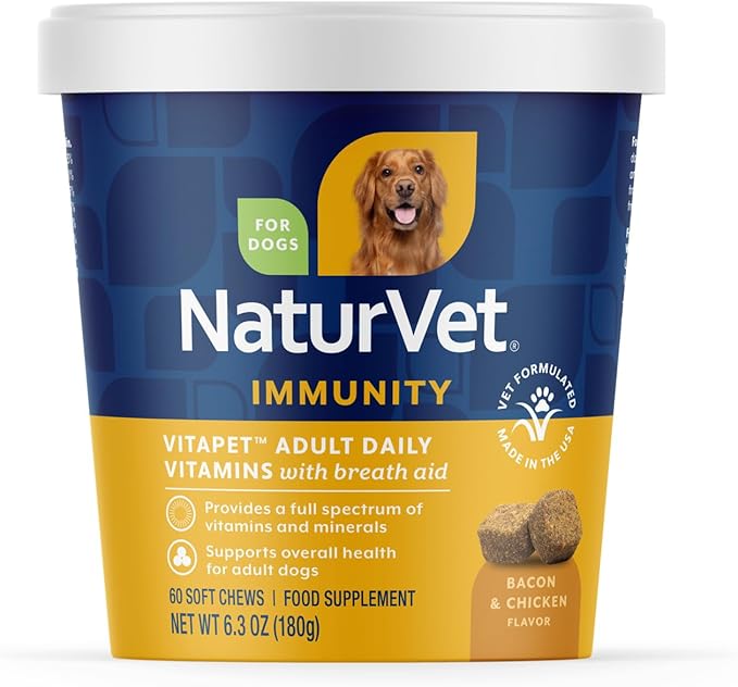NaturVet VitaPet Adult Daily Vitamins Plus Breath Aid for Adult Dogs, 60 ct Soft Chews, Made in The USA with Globally Source Ingredients
